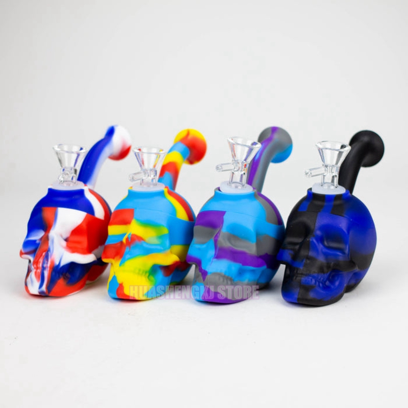 Cool Coloré Tête De Crâne Silicone Pipe À Eau Tuyaux Herbe Tabac Verre Huile Rigs Filtre Poignée Bol Fumer Cigarette Bong Bubbler Narguilé Titulaire