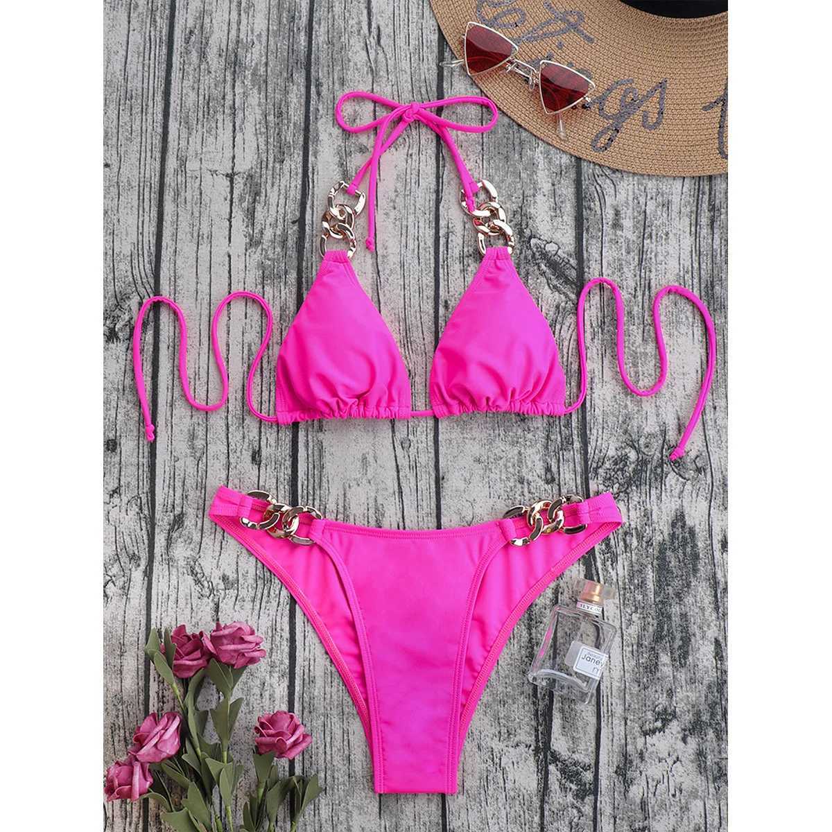 Costumi da bagno da donna Nuovo bikini sexy a catena 2024 Costume da bagno a triangolo le donne Bikini brasiliano Set costume da bagno push up a 2 pezzi Costume da bagno push up T240328