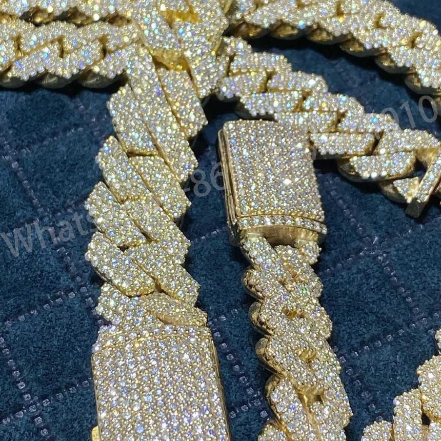 Chaîne à maillons cubains en or massif 10K, 18mm, trois rangées de luxe, réglage à la main, diamant VVS1 Moissanite glacé, 245S