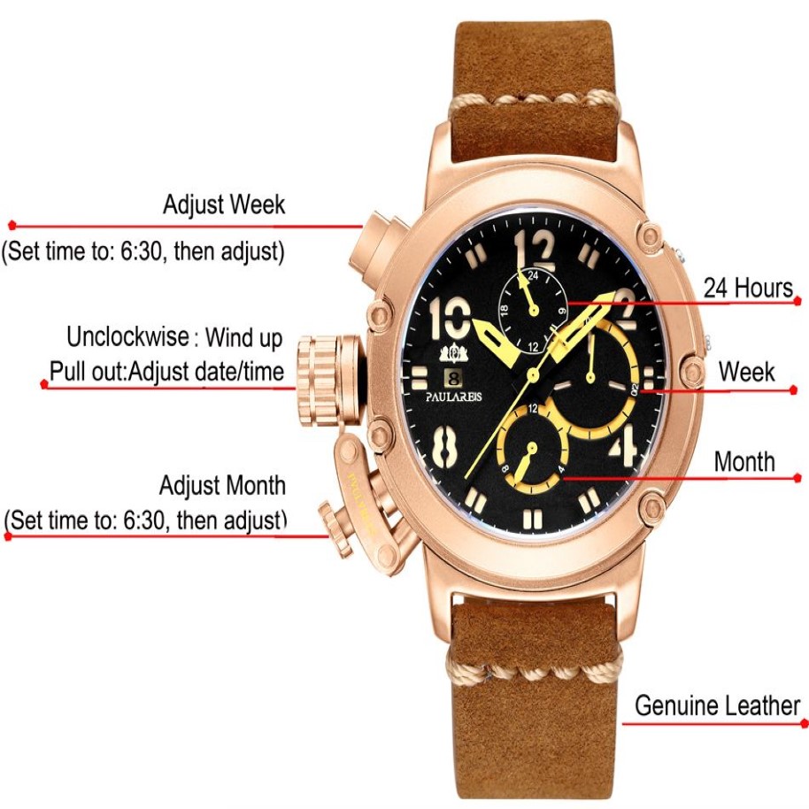 Men Automatic Self Wind Mechanical Genuine Brown Leather Multifunction Date Boat Month Luminous Limited Rose Gold Bronze U Watch L299j