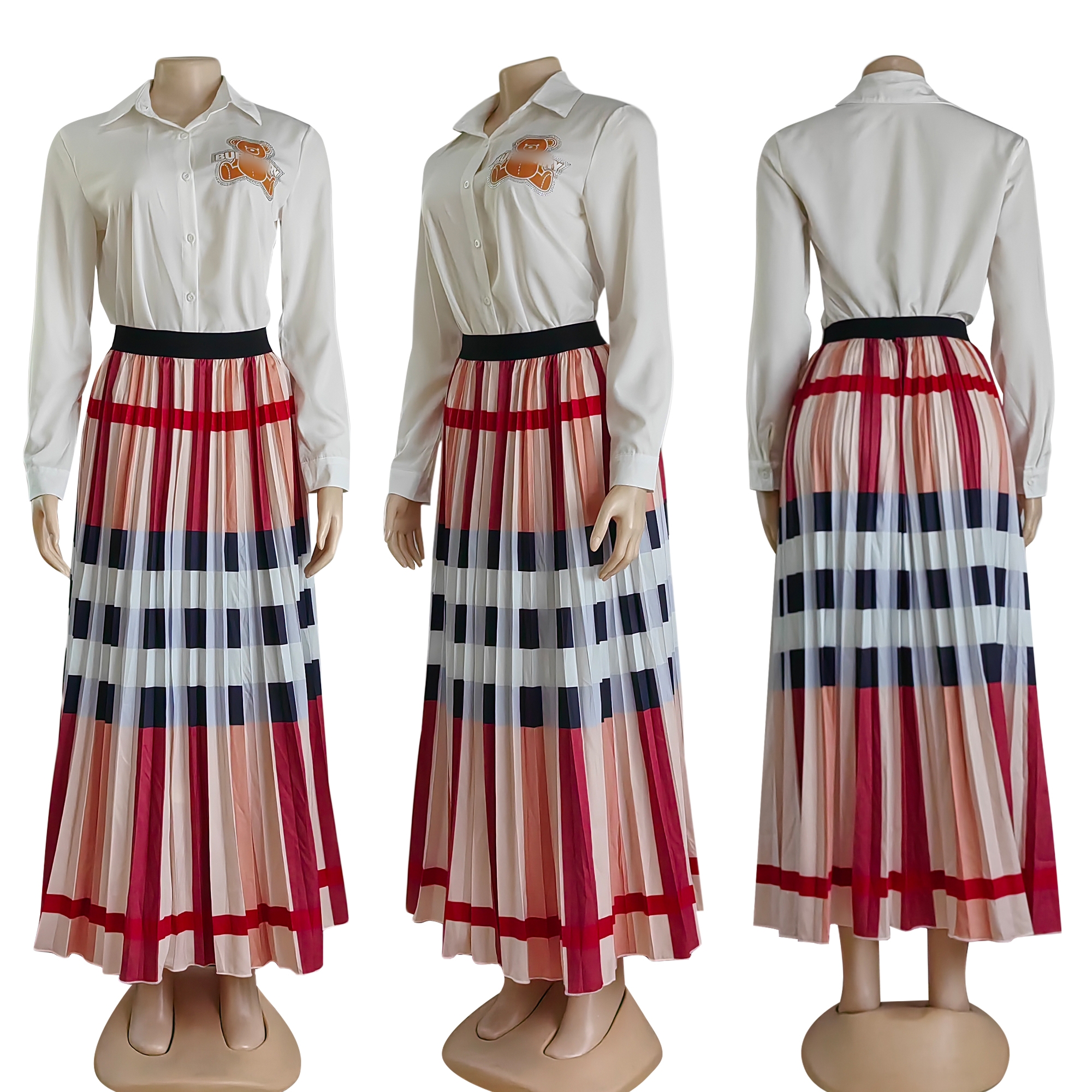 Robe plissée de styliste en deux pièces pour femmes, ensemble chemise décontractée à col à revers et jupe longue, livraison gratuite