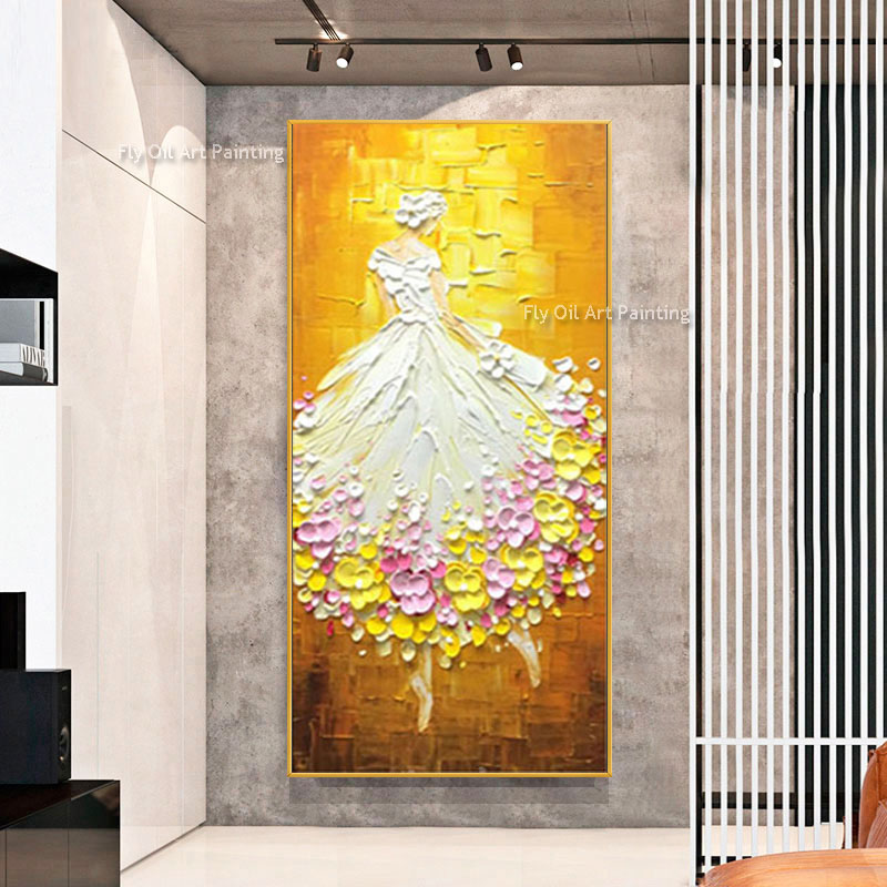 キャンバス上のバレエダンサーの油絵の大きな壁アート抽象的な手描きの明るい黄色のテクスチャリビングルームの装飾ギフトの絵画
