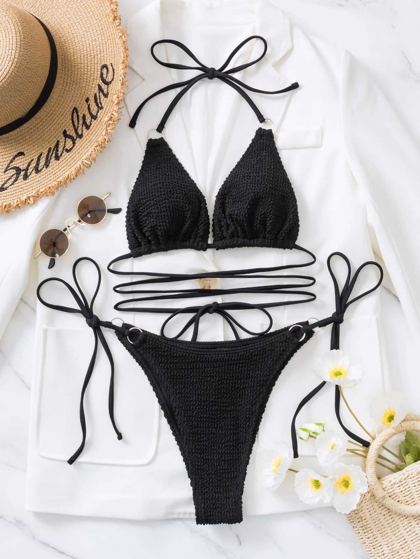 Women's Swimwear 2023 Solid Color Snake Cloth Lace Up Swimsuit Female Swimwear Women Bikini Set Bather Swimming Beachwear for Bathing Suit T240328