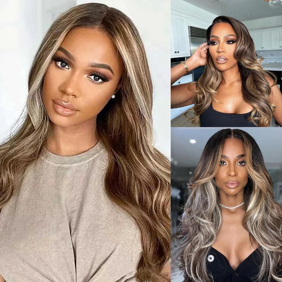 Brown Highlight Body Wave Human Hair Weave 3 Bundles Brazilian Remy Hair Ombre Blonde Human Hair Wavy Weaves Sew in Piano Color