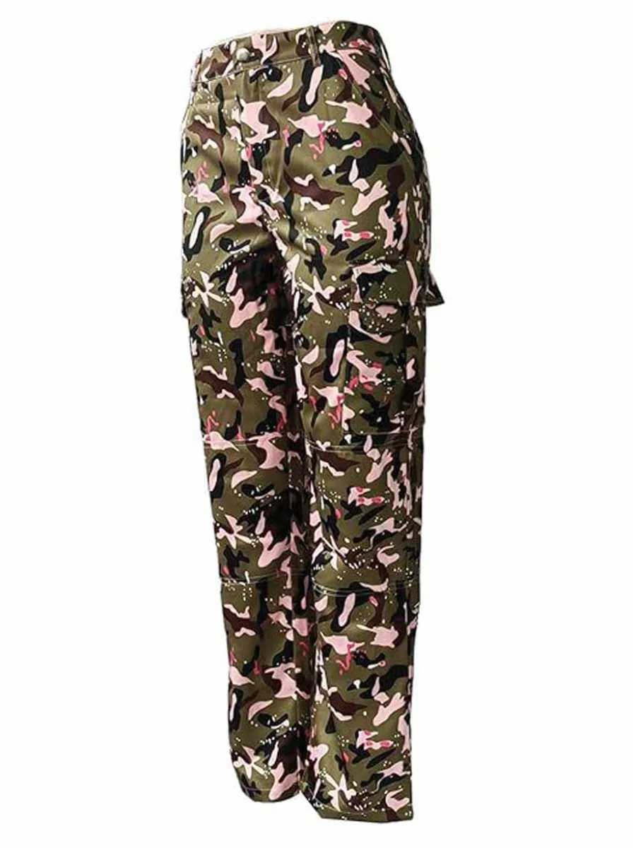 Jeans femininos lw outono / inverno mulheres carga navio roupas de rua rosa camo cintura alta bolso lateral design calças XS-3XLL2403