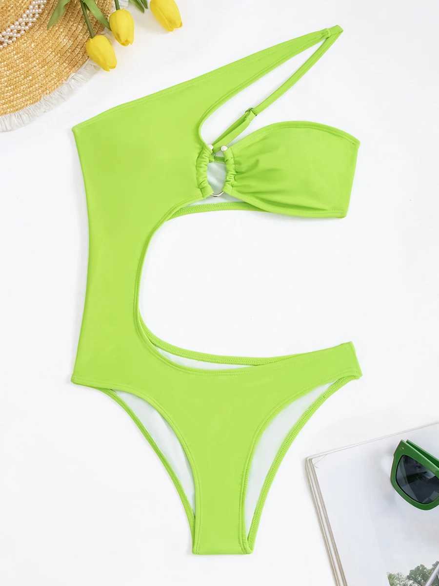 Damenbadebekleidung 2023 Ein-Schulter-Badeanzug Einteiliger ausgeschnittener Monokini-Badeanzug Frauen Solides Baden Schwimmen Badeanzug Weiblicher Beachwear-Bodysuit T240328