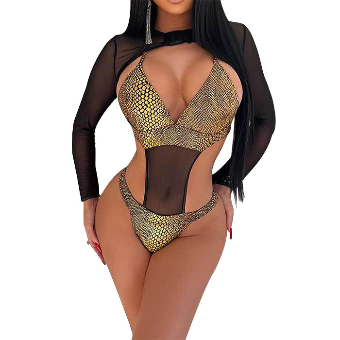 European and American women's sexy hot one-piece swimsuit long-sleeved mesh swimsuit bikini