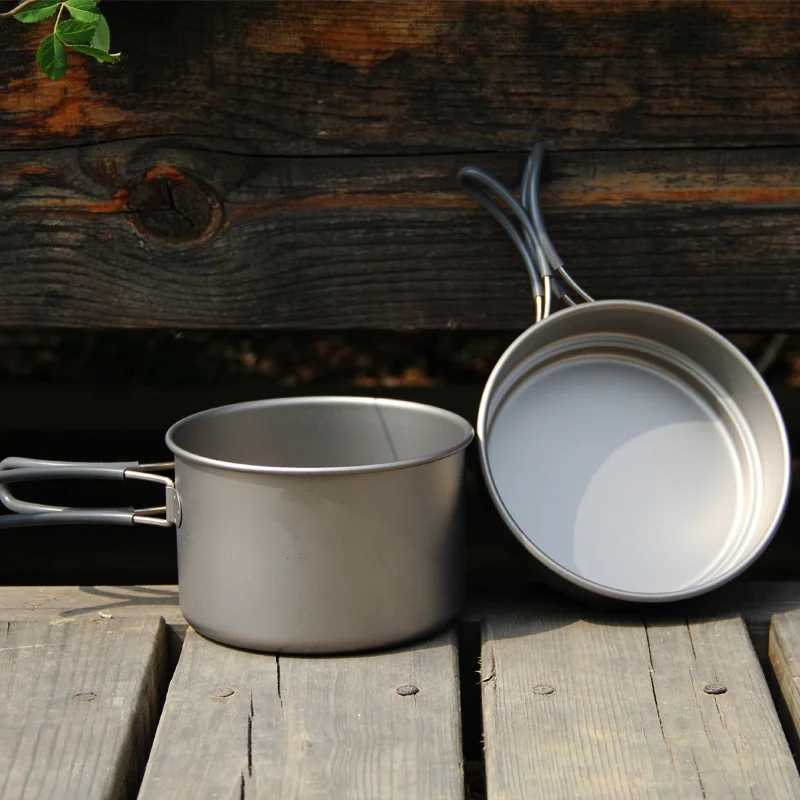 Camp Kitchen Pure Titanium Cookware Foldable Cookware Outdoor Camping Bowls Camping Pot Sets Cooking Pot 1250ml + Frying Pan 800ml Ti6017 240329