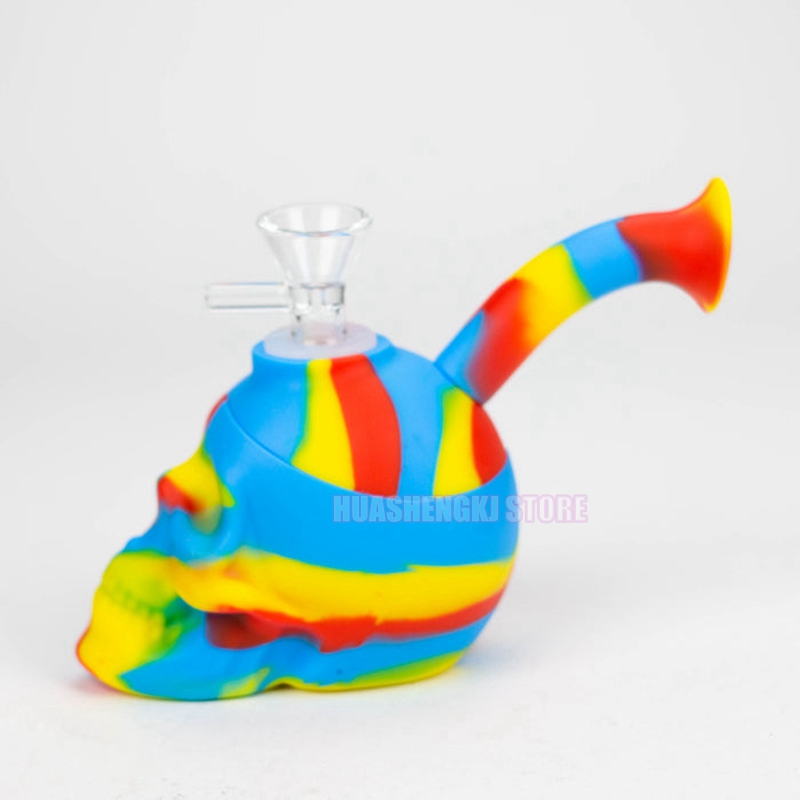 Cool Coloré Tête De Crâne Silicone Pipe À Eau Tuyaux Herbe Tabac Verre Huile Rigs Filtre Poignée Bol Fumer Cigarette Bong Bubbler Narguilé Titulaire