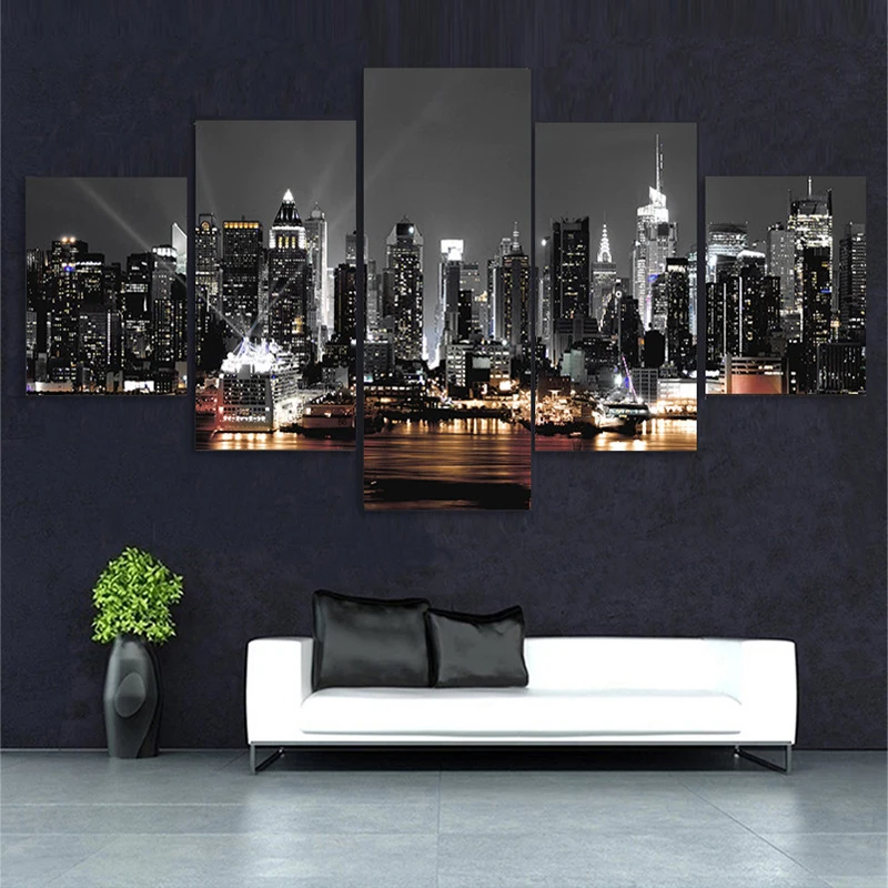 5 paneler duk målar väggkonst New York City konstruktionslandskap bilder utskrifter nattvy landskap affisch hem dekor