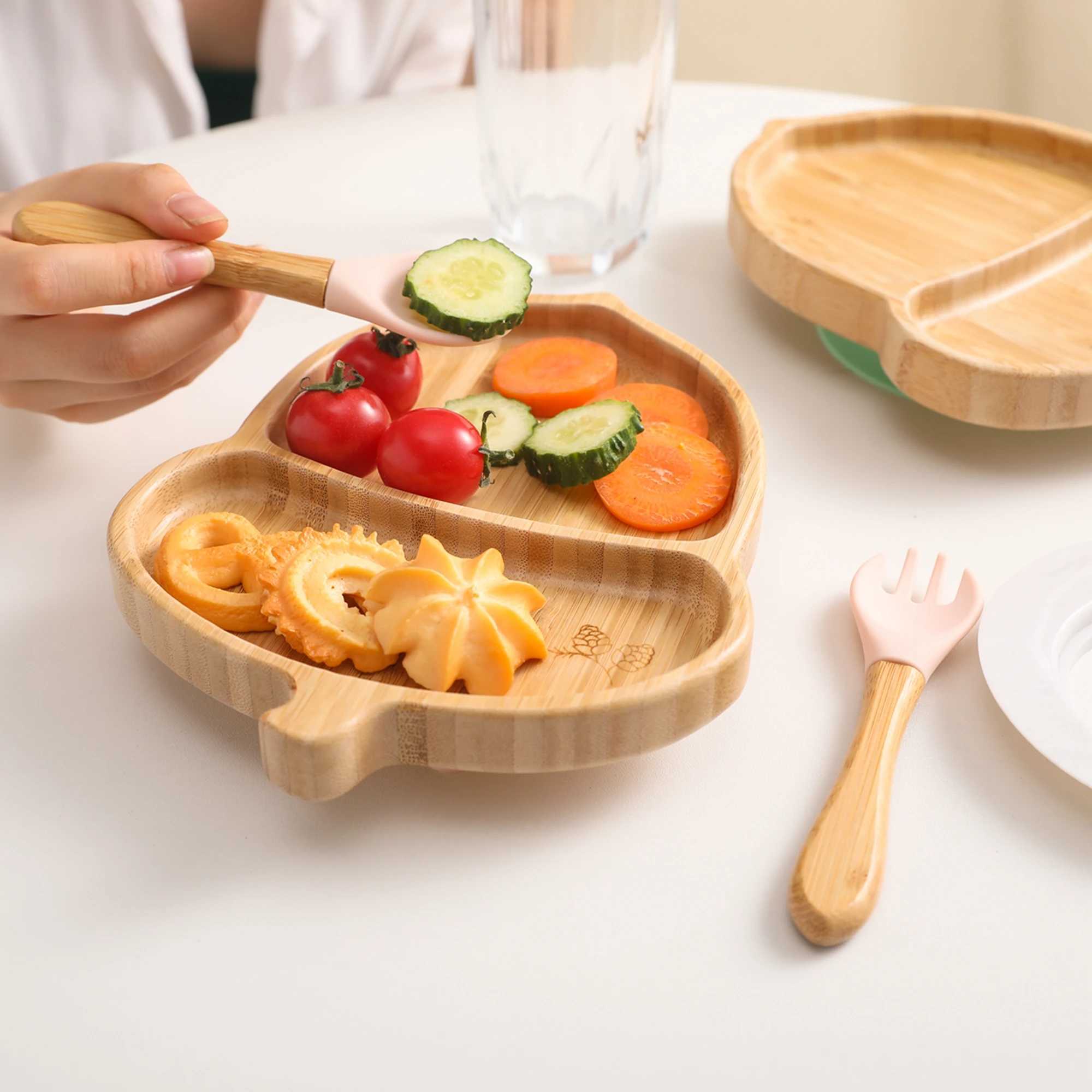 Copos Pratos Utensílios Pratos de Alimentação de Bebê de Bambu com Sucção Itens de Bebê Conjunto de Prato com Colher Garfo Crianças Criança Talheres Coisas de Bebê 240329