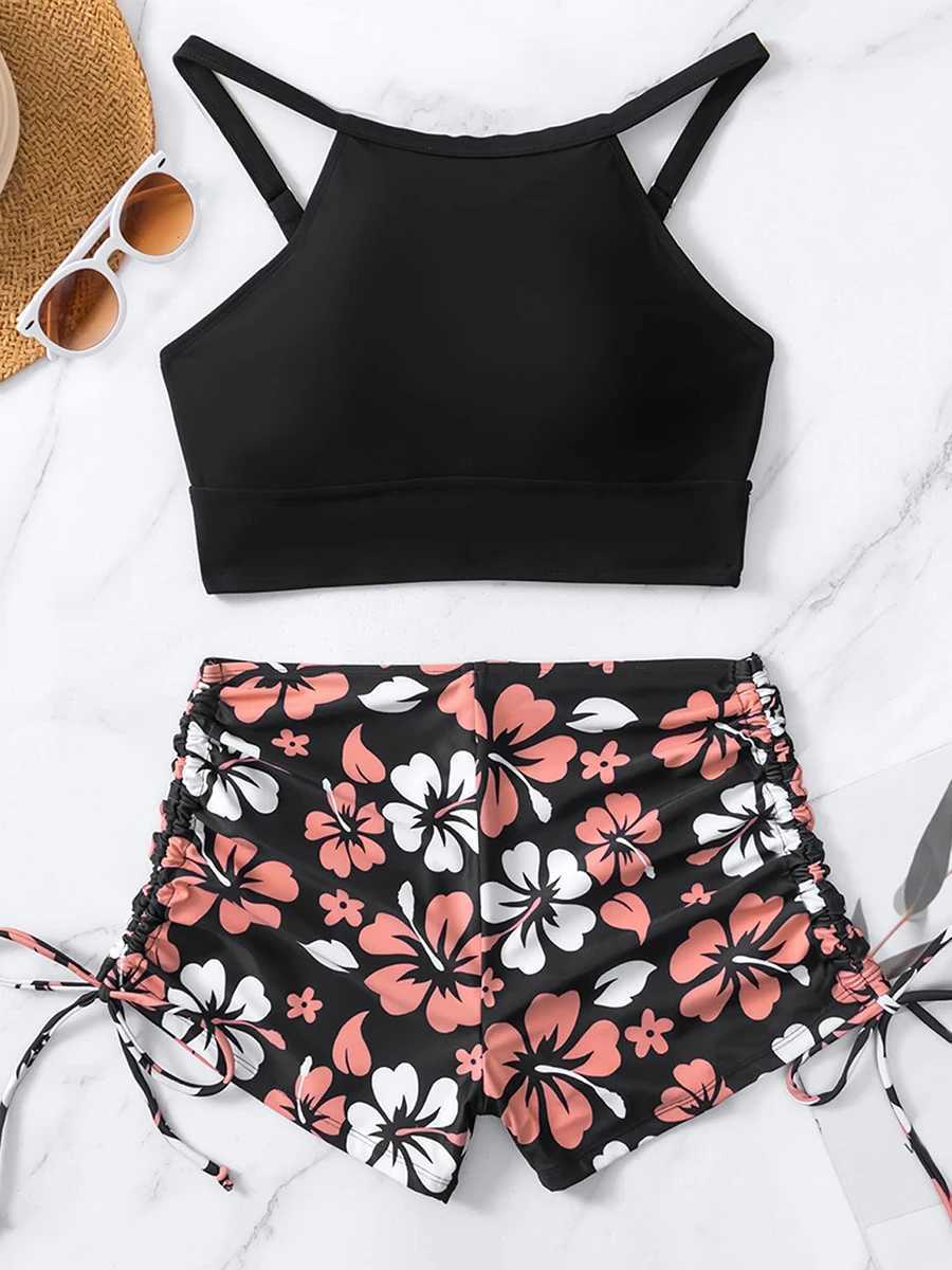 Women's Swimwear 2023 High Waist Bikinis Women Neck Swimsuit Floral Swimwear Female Drawstring Shorts Bathers Bathing Swimming Suit Beachwear T240328