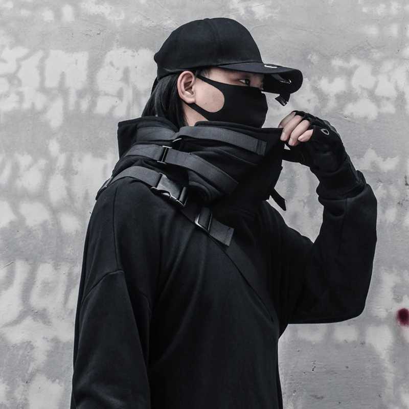 Moletons masculinos moletom na moda masculino estilo japonês samurai preto escuro funcional vento peixe boca chapéu com capuz masculino casual cyberpunk jaqueta com capuz 24328
