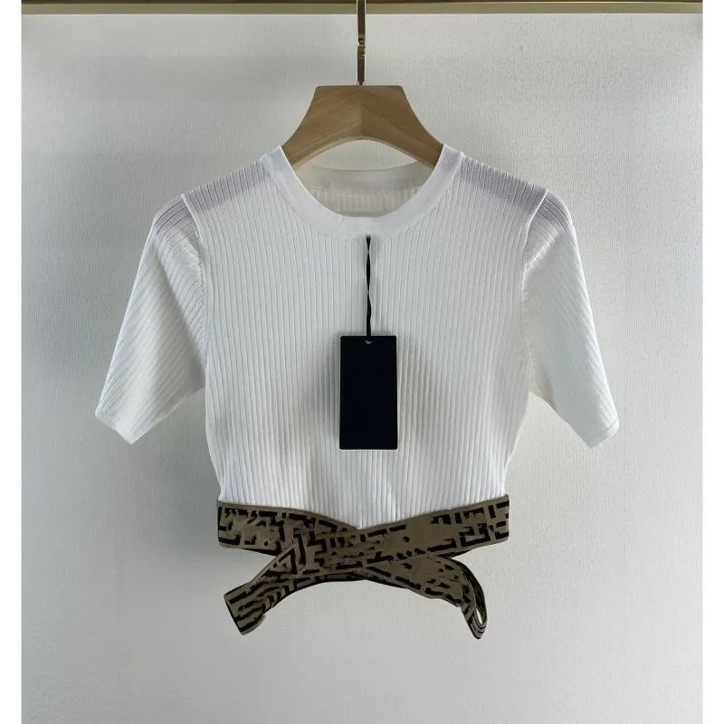 Neues Design für Damen, O-Ausschnitt, Buchstabendruck, Kreuzverband, sexy, kurze Strick-T-Shirts mit hoher Taille