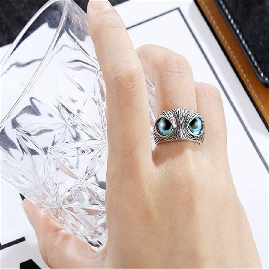 Bague hibou aux yeux bleus en alliage rétro, bijoux européens et américains réglables pour femmes AB39