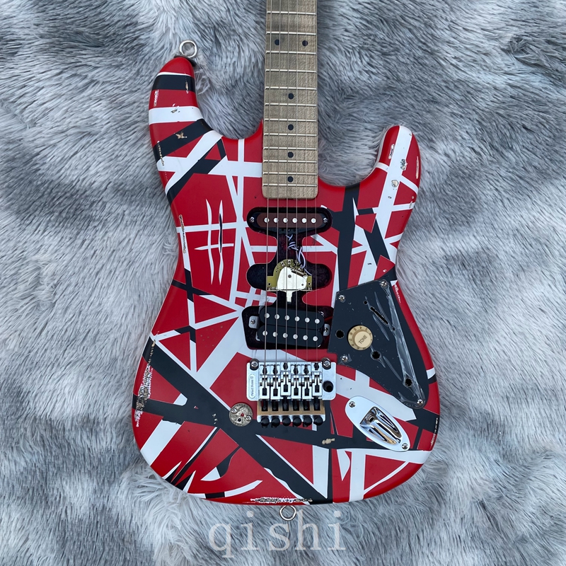 Chitarra elettrica Edward Eddie Van Halen Black White Stripe Red Heavy Relic Maple Neck, Frankenstein Frankenstrat Tribute real reflector