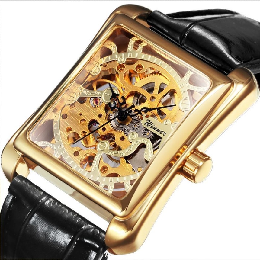 Winner Watch for Women Watches Luxury Top Brand Design Fashion Skeleton Watch Ladies Mechanical Tonneau Leather 210310229A