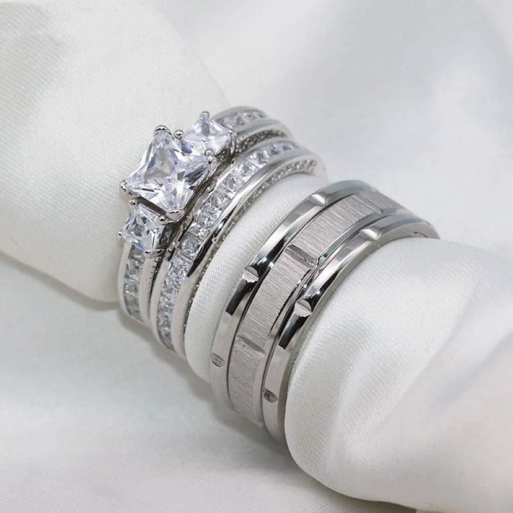 Anéis de casamento casal feminino clássico quadrado zircão anel de noivado conjunto masculino 8mm aço inoxidável cor prata sulco c255s