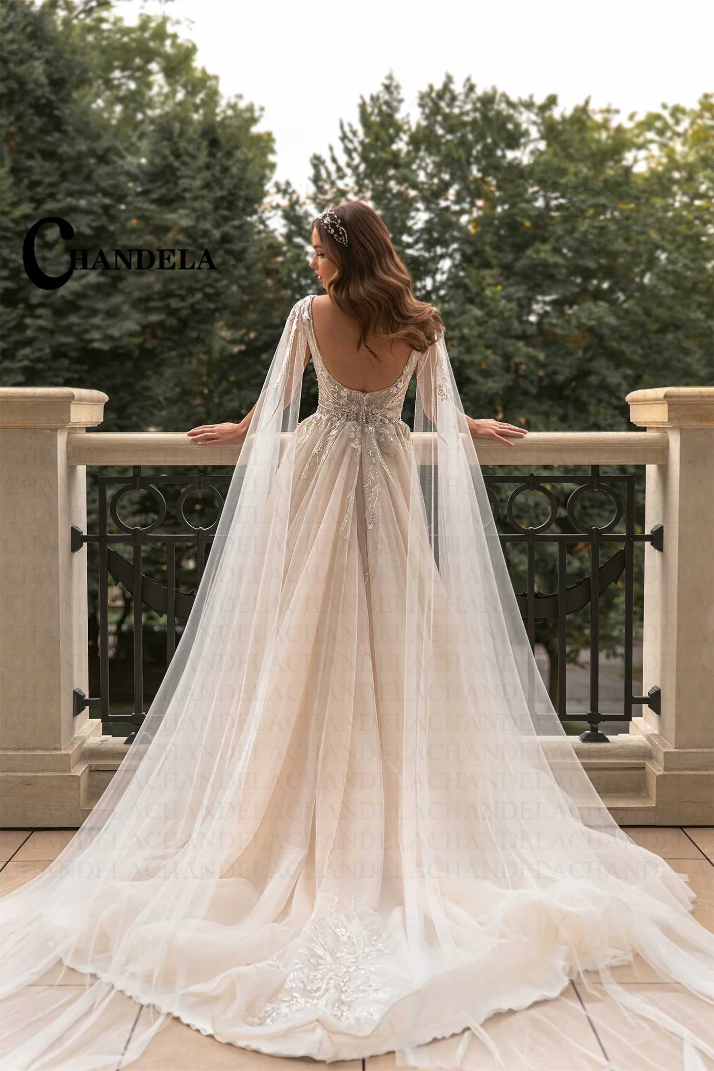 Urban Sexy Kleider CHANDELA Hoher Schlitz Hochzeit Tüll Pailletten Schal Gefrieste Rückenfrei Reißverschluss V-Ausschnitt Maßgeschneiderte Vestido De Casamento yq240329