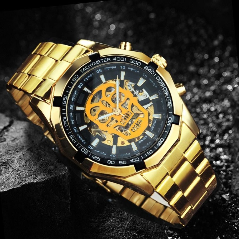 WINNER Offizielle automatische GOLD-Uhr für Herren, Stahlarmband, Skelett-mechanische Totenkopfuhr, Top-Marke, Luxus, Drop Whole 2102765