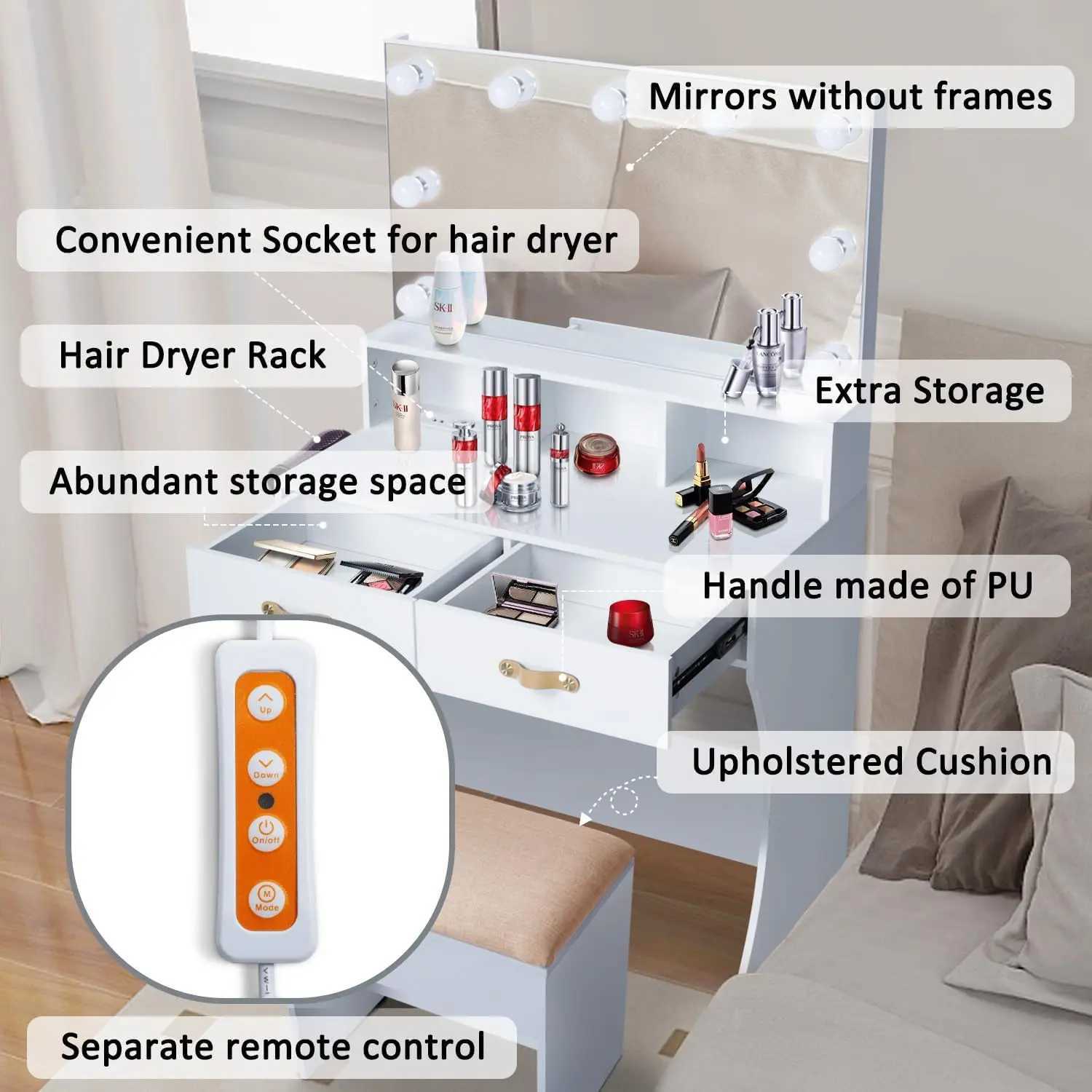 Saç kurutucular Funkoco Vanity Masası Ayna Led Işıkları Makyaj Vanity Power Outlet ve Saç Kurutucu Raf Soyunma Masası Seti 240329