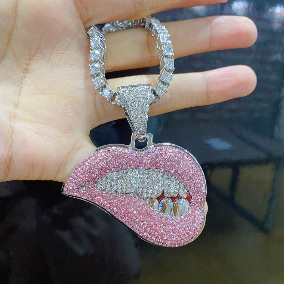 Lips Cubic Zirconia Pendant Necklaces Iced Out Tennis Cuban Chain Rapper Mens Hip Hop Jewelry Necklace Bracelets Gold Silver Miami340h