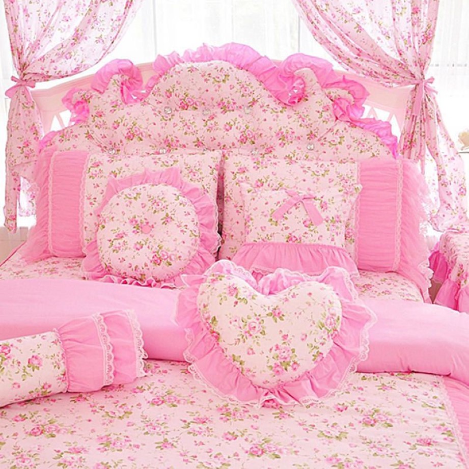 Style coréen rose dentelle couvre-lit ensemble de literie roi reine 4 pièces princesse housse de couette jupes de lit literie coton textile de maison 201209213J