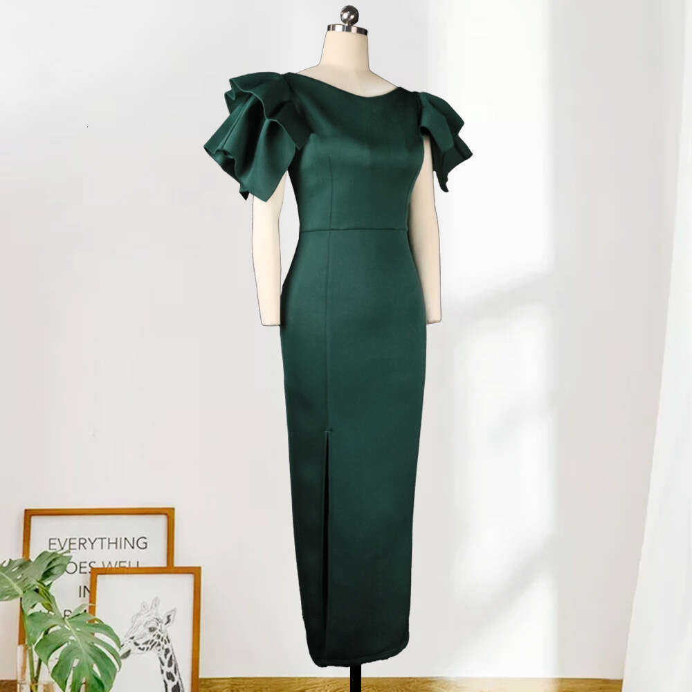 Am200938 Sleeveless Ruffle Edge Slim Fit Split Green High Waist Women's Dress 484941