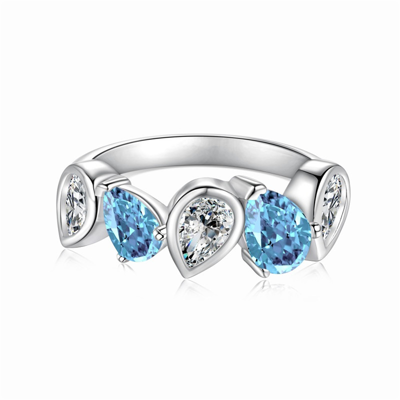 Bagues de luxe en diamant poire bleue pour femmes de mariage en argent sterling 925 rose bague de créateur femme 5A zircone bijoux de mode tenue quotidienne décontractée boîte-cadeau de voyage taille 6-9