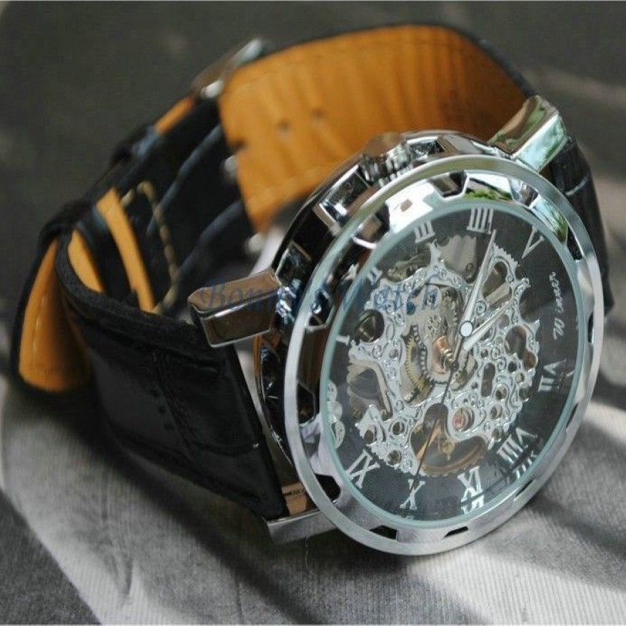 WINNAAR Horloge Vintage Skeleton Transparant Wiel Gear Totem Sport Militaire Horloges Lederen Band Mechanisch Automatisch Horloge251w