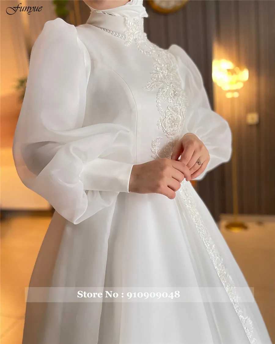 Urban Sexy Dresses Funyue A-Line Hijab Muslim Wedding Gowns for Women 2024 Bride Full Sleeves High Neck Flowers Lace Dubai Arabic Bridal yq240329