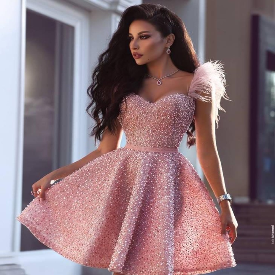 Sexy rosa Cocktailkleid im arabischen Dubai-Stil, knielang, kurzes formelles Club-Kleid, Heimkehr, Abschlussball, Partykleid, Übergröße, nach Maß199V