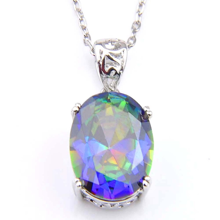 Luckyshine 6 Pz / lotto Regalo di festa Ovale Arcobaleno Blu Topazio mistico Pietra preziosa 925 s Collane in argento Cz Pendenti Gioielli Unisex223A