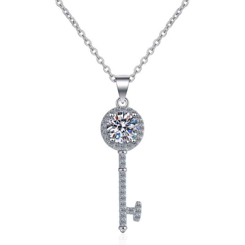 Geslaagd Diamant Test Moissanite 925 Sterling Zilveren Sleutel Eenvoudige Sleutelbeen Ketting Hanger Ketting Vrouwen Mode Leuke Sieraden 05-1ct236v