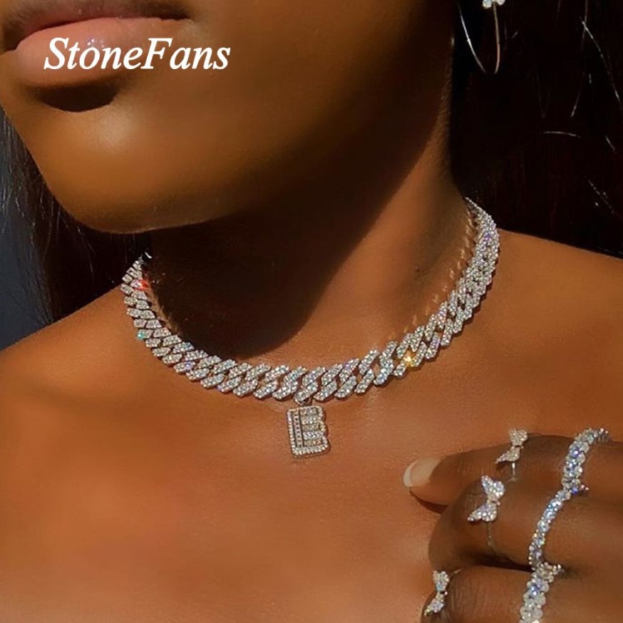 Stonefans 26 initiale Baguette lettre collier en acier inoxydable pour les femmes Miami glacé chaîne à maillons cubains pendentif collier bijoux Q298i