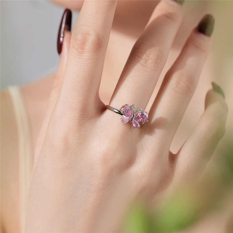 Luxury Butterfly Diamond Rings for Women Wedding 925 Sterling Silver Pink Designer Ring Woman 5A Zirconia Jewelry Casual Daily Outfit Travel Present Box Storlek 6-9