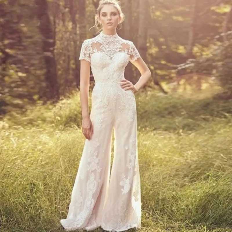 Urban Sexy sukienki Elegancki kombinezon ślub dla kobiet 2024 Aplikacja koronkowa Krótkie rękawe O Neck Vestidos de novia Illusion Back Bridal suknie YQ240329