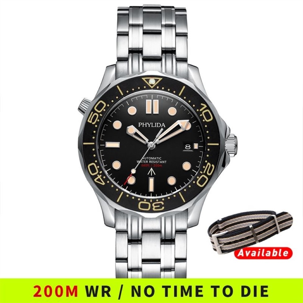 PHYLIDA Black Dial MIYOTA or PT5000 Automatic Watch DIVER NTTD Style Sapphire Crystal Solid Bracelet Waterproof 200M 210329247d