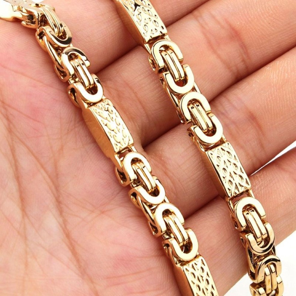 Ensemble de bracelets et colliers à chaîne plate byzantine pour hommes, en acier inoxydable 316L, bijoux en or, 6MM 8MM de largeur, 263j