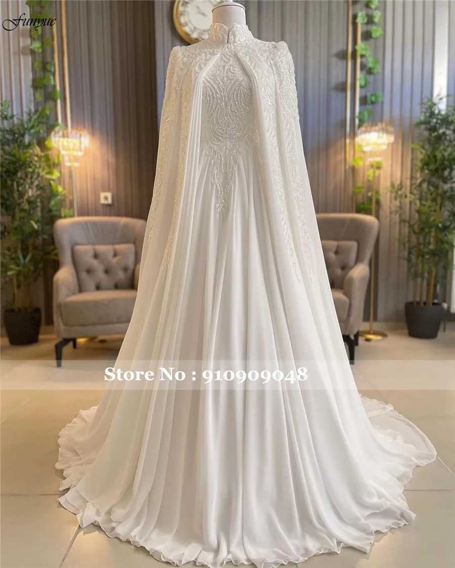 Urban Sexy Dresses Funyue Luxury Long Sleeves Muslim Wedding Dress 2024 Bride Chiffon مع ثياب زفاف مصادفة مع كيب Robe de Marie YQ240329