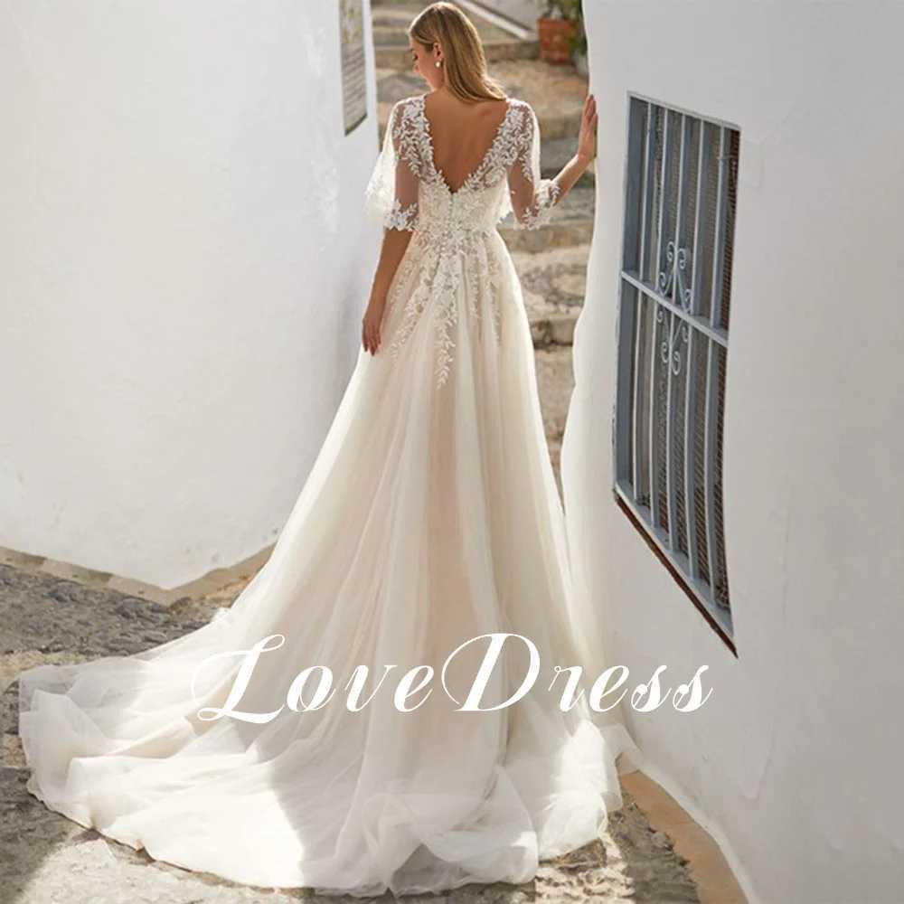 Vestidos sexy urbanos lovedress com decote em v vestido de casamento meia manga xale apliques de renda boho sem costas vestido de noiva a linha trem de varredura vestido de novia yq240329