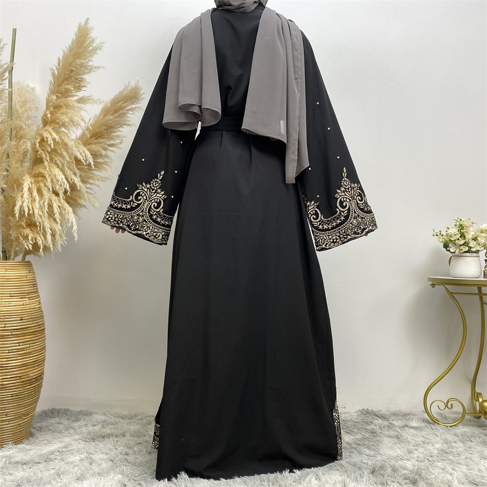 Abaya – Robe musulmane du moyen-orient, manches longues, brodée de perles, Cardigan Long arabe pour femmes