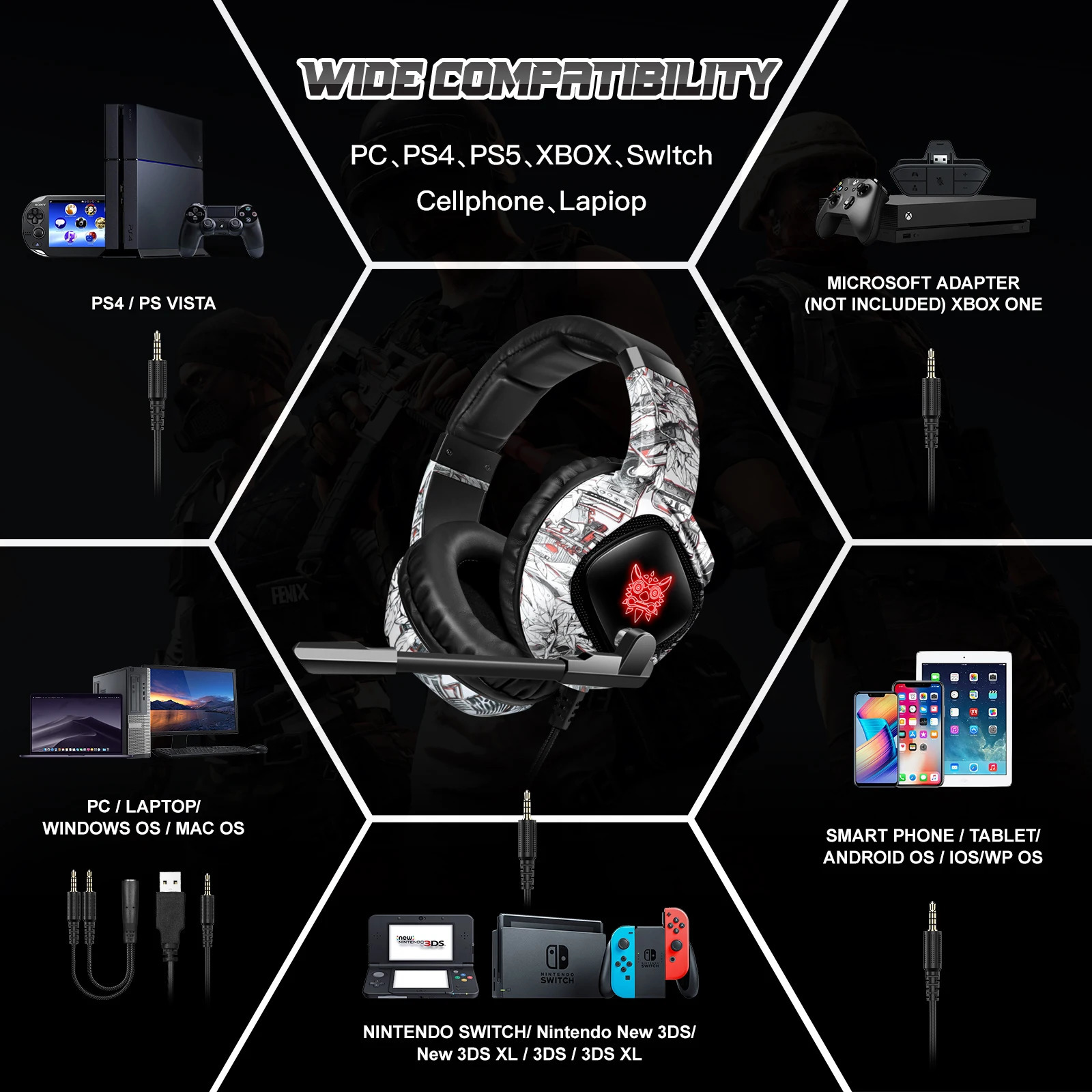 Onikuma Professional Gaming -hörlurar med MIC LED -bakgrundsbelysning Wired Headset Gamer Noise Reforting för Xbox PC Gamer 240314