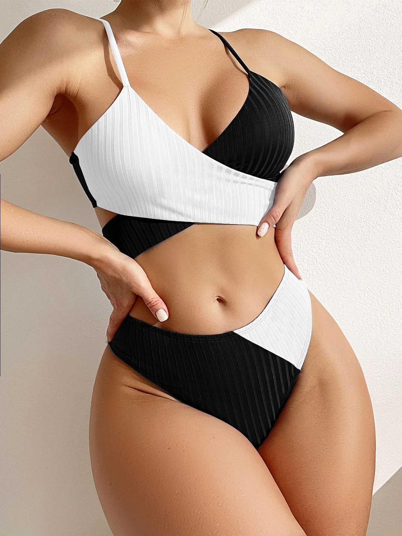 Women's Swimwear 2023 New Solid Color Matching Thick Pit Strip Cross Straps High Waist Women Bikini Sexy Swimsuit T240328