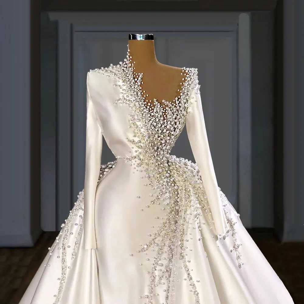 Urban Sexy Dresses LaBoum Modernes, perlenbesetztes Satin-Hochzeitskleid 2022, elegante Perlen, glitzernde lange Ärmel, abnehmbare Schleppe, rückenfreie Brautballkleider yq240329