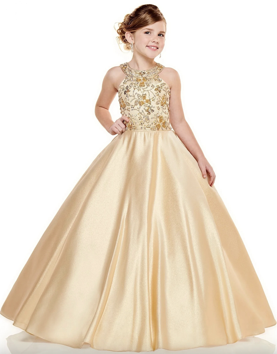 Halter Gold Satin Little Girl's Pageant Dresses Sequins Pärlade broderi Kids Toddler Flower Girl Wedding Ball Ballklänningar Spädbarn Baby First Commonion Dress