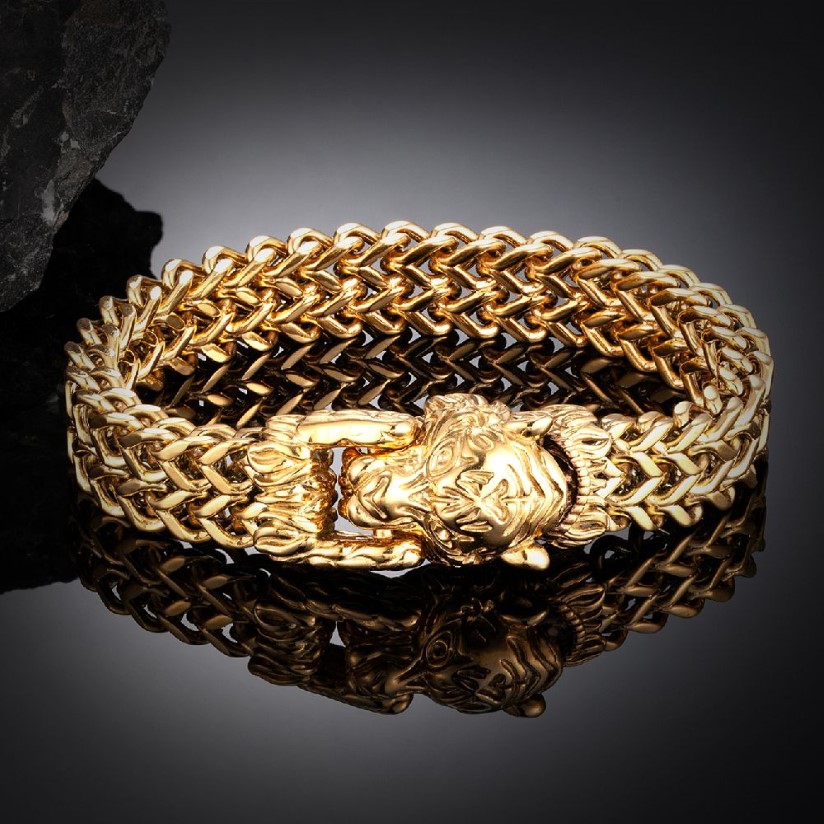 Charm Armbänder Rock Gold Farbe Tiger Kopf Armband Männer Edelstahl Kubanische Kette Armreifen Punk Männlich Kreative Accessoires Viking 2256