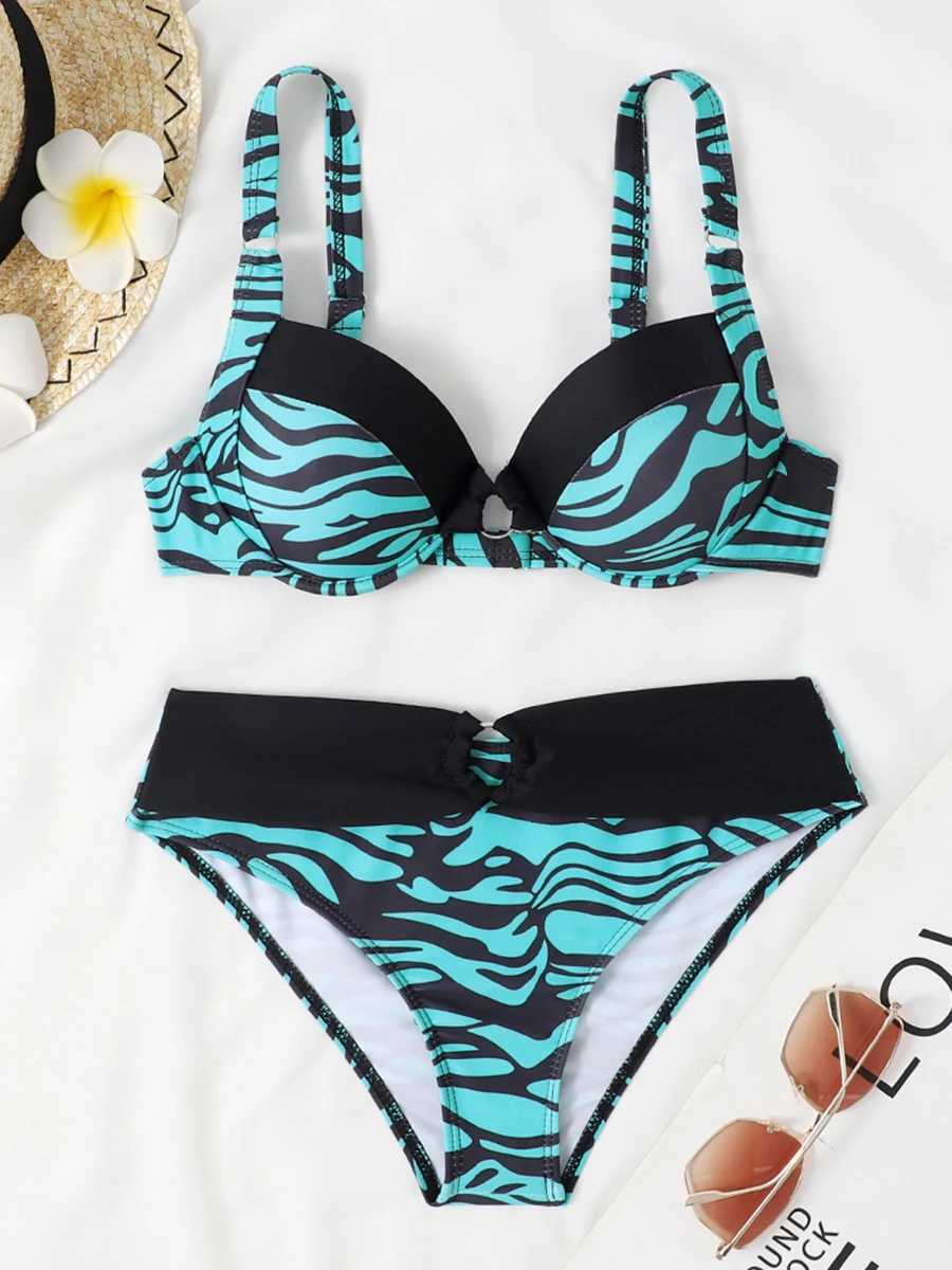 Maillots de bain pour femmes 2024 Ring Link Bikini Blue Zebra Stripe Maillot de bain Femmes Sexy Maillots de bain Femme Baigneurs Baignade Maillot de bain Beachwear T240328