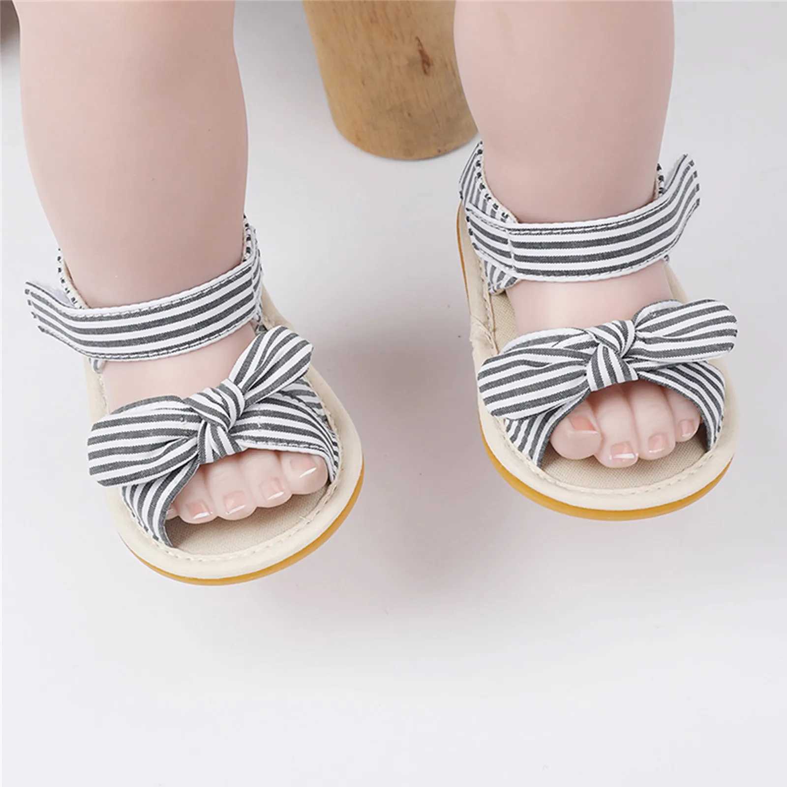 Sandalen 0–18 Monate, Baby, Kleinkind, Mädchen, flache Schuhe, Kleinkinder, Kinder, Schleife, Streifendruck auf dem Boden, barfuß, rutschfest, erste Wanderer, Prewalker-Sandalen 240329