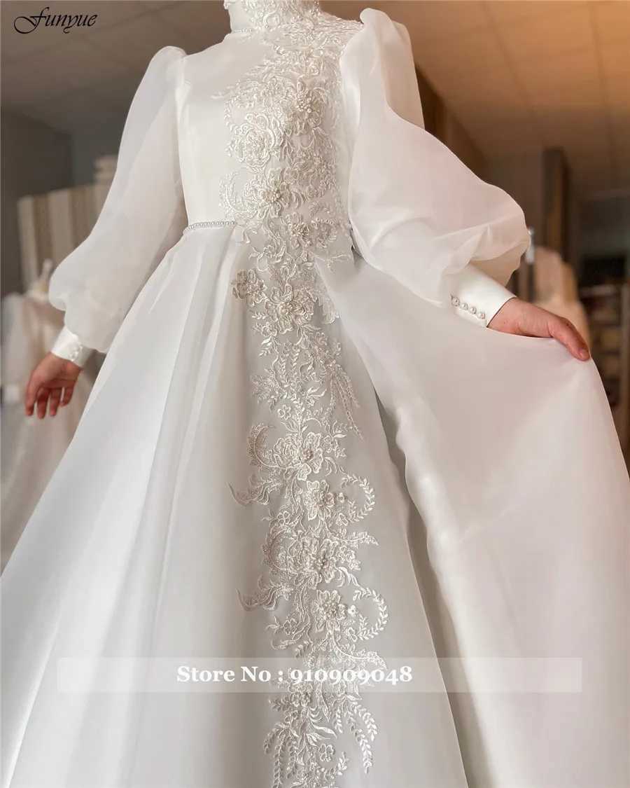 Urban Sexy Dresses Funyue A-Line Hijab Muslim Wedding Gowns for Women 2024 Bride Full Sleeves High Neck Flowers Lace Dubai Arabic Bridal yq240329